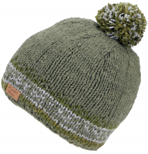 Pompom hat from Nepal, new wool hat, winter hat - olive green