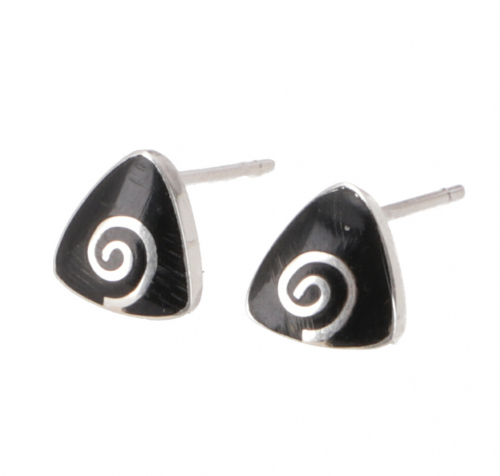 Silver stud earrings spiral - onyx 1 cm