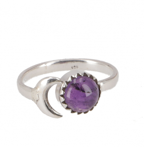 Filigree silver ring with gemstone, sun/moon ring, Indian silver ring - amethyst