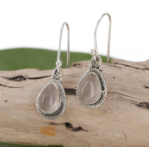 Indian boho silver earrings, drop-shaped earrings - rose quartz - 3x1x0,4 cm 