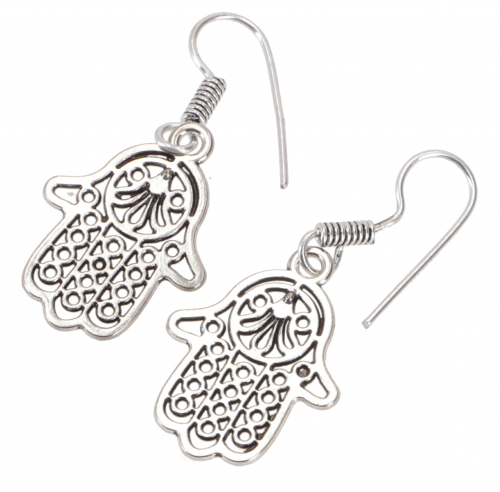 Tribal earrings made of brass, Hamsa hand, ethnic earrings Fatima`s hand - silver - 3x2x0,1 cm 