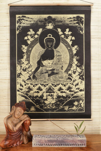 Buddhistischer Wandbehang aus Loktapapier, tibetischer Buddhismus Dekoration - Buddha-Shakyamuni/gold - 70x47x0,2 cm 