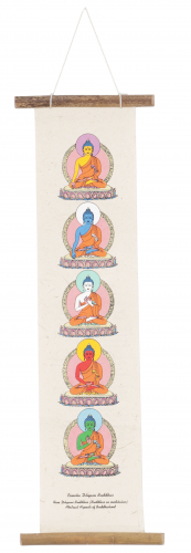 Buddhistischer Wandbehang aus Loktapapier, tibetischer Buddhismus Dekoration - Pancha Dyana Buddhas - 50x16x0,2 cm 