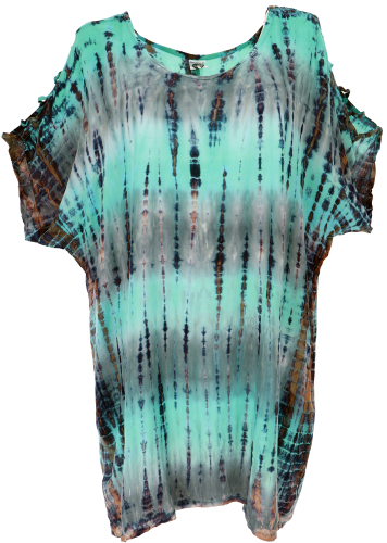 Off-the-shoulder batik dress, cold shoulder tunic, beach dress, wide mini dress, big shirt - turquoise