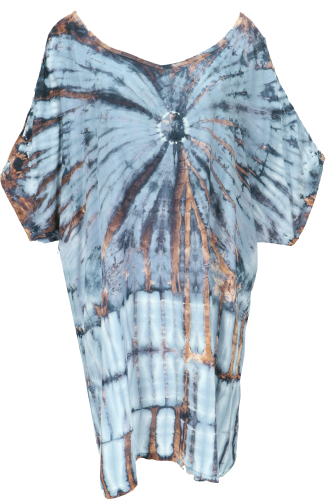 Schulterfreies Batikdress, Cold Shoulder Tunika, Strandkleid, weites Minikleid, Bigshirt - blau