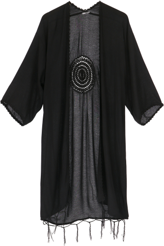 Lightweight kaftan, embroidered open beach dress, Ibiza kimono - black