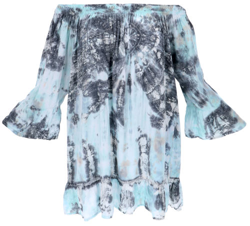 3/4 sleeve batik tunic, mini dress, off-the-shoulder tie dye beach blouse - aqua