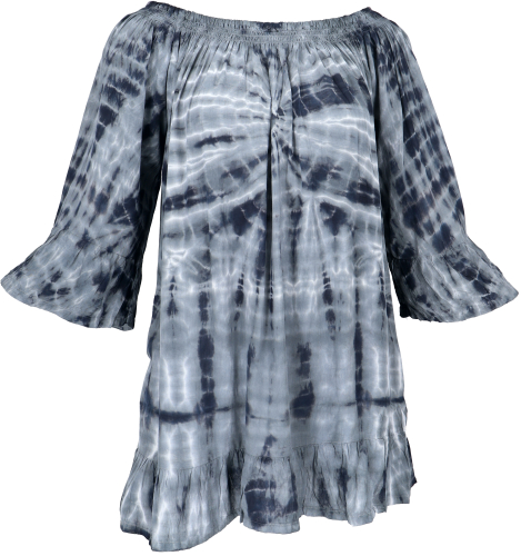 3/4 sleeve batik tunic, mini dress, off-the-shoulder tie dye beach blouse - blue-grey