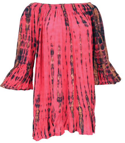 3/4 sleeve batik tunic, mini dress, off-the-shoulder tie dye beach blouse - red