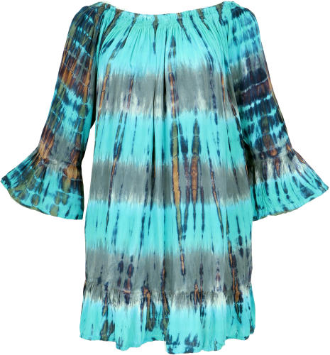 3/4 sleeve batik tunic, mini dress, off-the-shoulder tie dye beach blouse - turquoise