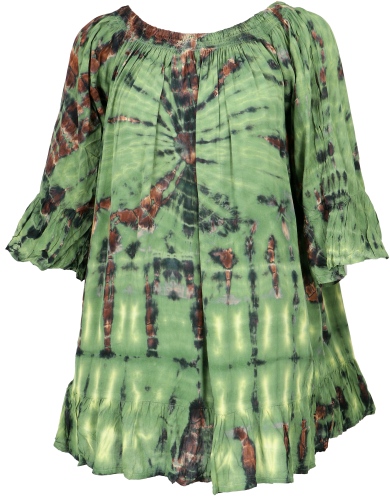3/4 sleeve batik tunic, mini dress, off-the-shoulder tie dye beach blouse - green