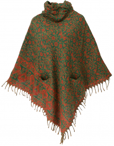 Poncho hippie chic, long paisley poncho with ruffled collar - green/red