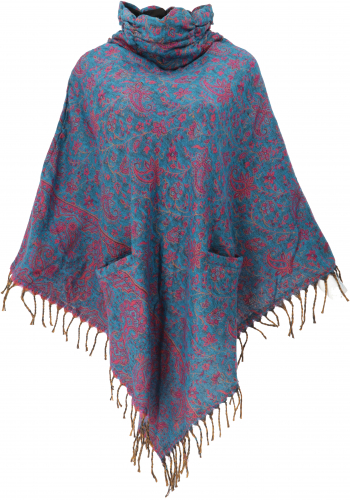 Poncho hippie chic, long paisley poncho with ruffled collar - petrol/pink
