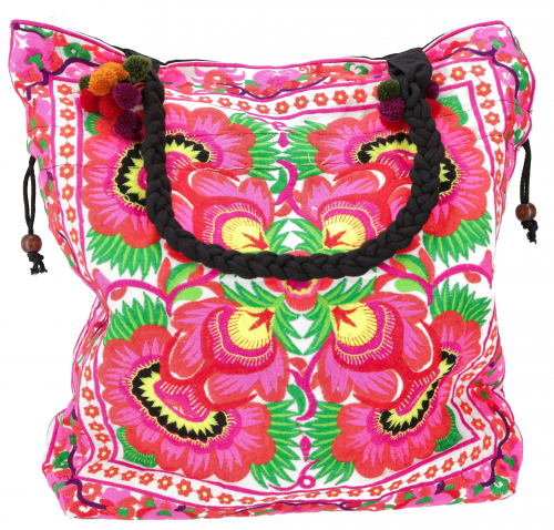 Large shoulder bag, hippie shopper bag Chiang Mai, embroidered bag - white/pink/black - 42x42x10 cm 