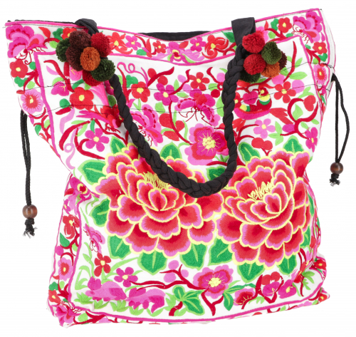 Large shoulder bag, hippie shopper bag Chiang Mai, embroidered bag - flower white/pink - 42x42x10 cm 