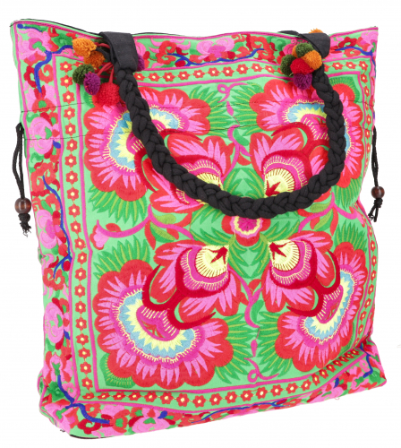 Large shoulder bag, hippie shopper bag Chiang Mai, embroidered bag - green/pink/blue - 42x42x10 cm 