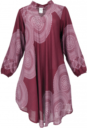 Airy boho mini dress with long sleeves, wide summer dress, tunic dress - wine red