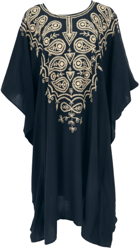 Medium length embroidered boho kaftan, embroidered beach dress maxi size - black