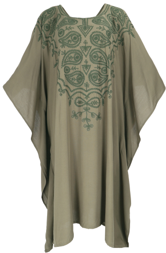 Medium length embroidered boho kaftan, embroidered beach dress maxi size - olive green