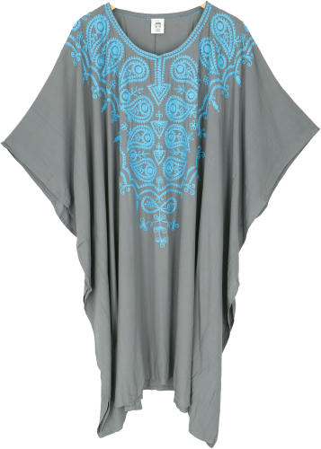 Medium length embroidered boho kaftan, embroidered beach dress maxi size - dove blue