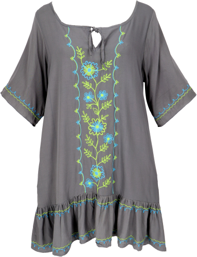 Embroidered hippie tunic, boho beach dress, mini dress - gray