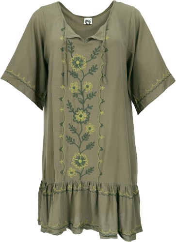 Embroidered hippie tunic, boho beach dress, mini dress - khaki green