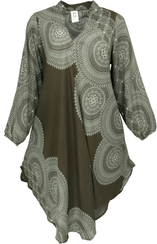 Airy boho mini dress with long sleeves, wide summer dress, tunic dress - olive green