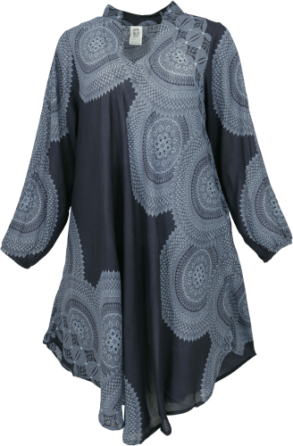 Airy boho mini dress with long sleeves, wide summer dress, tunic dress - black