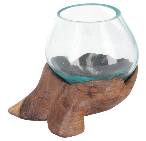Vase, tealight glass made of mouth-blown glass on `giving hands` - teak S - 12x15x12 cm 