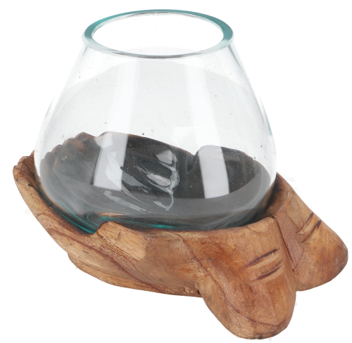 Vase, tea light jar made of mouth-blown glass on `giving hands` - teak L - 15x20x13 cm 