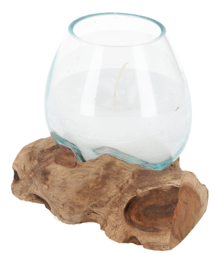 Burl wood vase with candle, hand-blown glass tealight jar - tall - 13x13x11 cm 