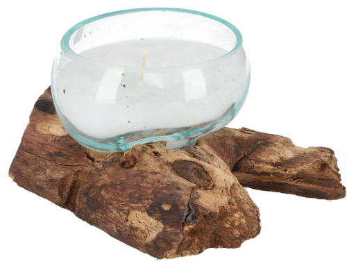 Wurzelholzvase mit Kerze, Teelichtglas aus mundgeblasenem Glas - flach - 9x13x11 cm 