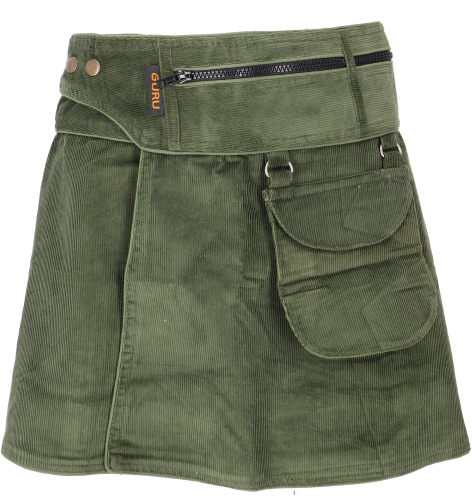 Wrap skirt, corduroy mini skirt - olive green
