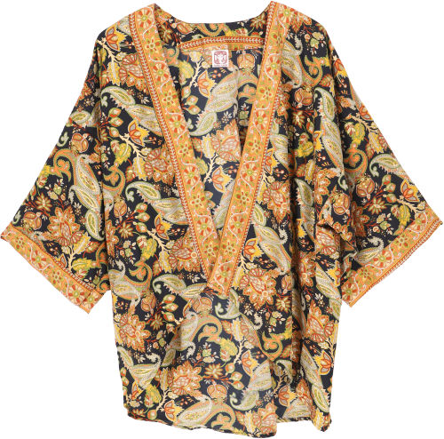Short kimono, boho kimono, open kimono - black/orange