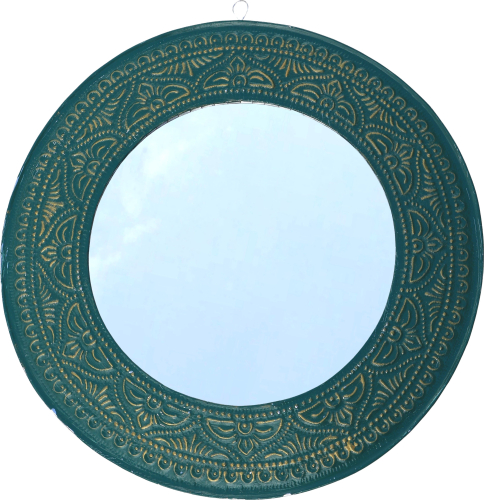 Round mirror with hand-embossed aluminum frame - Model 4 green - 50x50x1 cm  50 cm