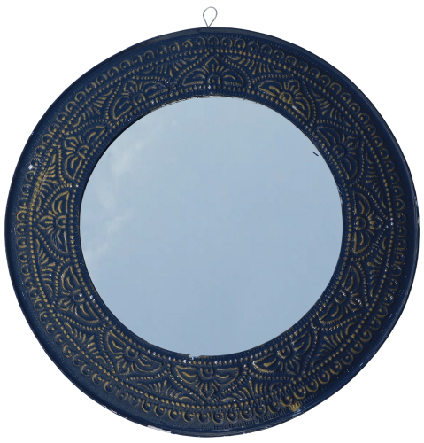 Round mirror with hand-embossed aluminum frame - Model 4 blue - 50x50x1 cm  50 cm