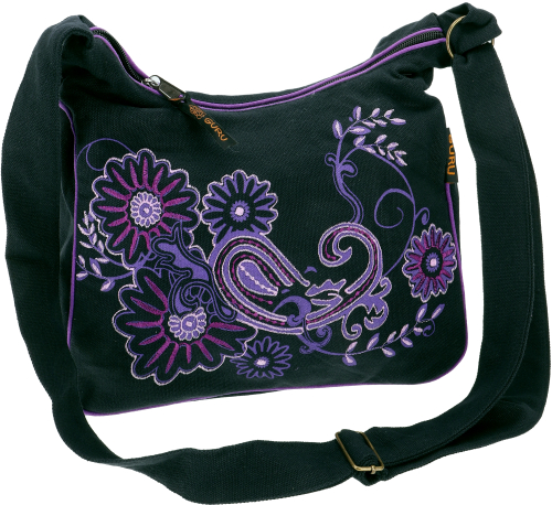 Boho shoulder bag, hippie bag, embroidered goa bag - black/purple - 23x28x9 cm 