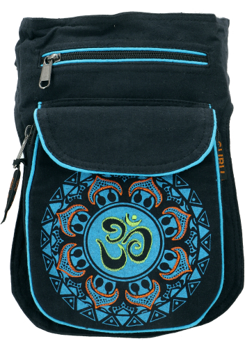Fabric sidebag belt bag Aum Mandala, Goa belt bag, fanny pack - black/turquoise - 25x17x4 cm 