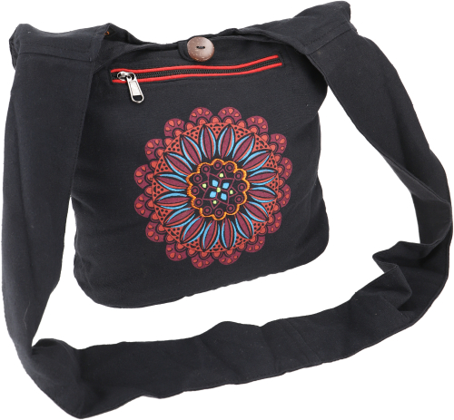 Bestickte Boho Tasche, kleiner Schulterbeutel mit Mandala, Nepalbeutel - schwarz/rot - 25x30x10 cm 