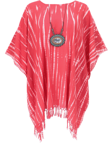 Batik kaftan, Ibiza-style tunic, boho blouse dress with fringes, women`s maxi blouse - raspberry red