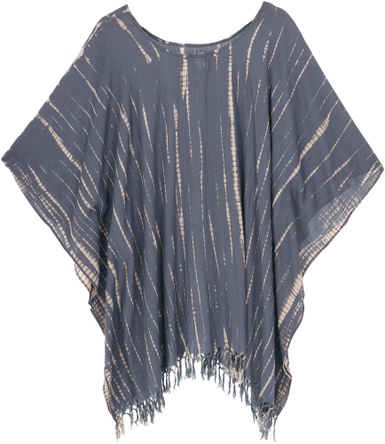 Batik kaftan, Ibiza-style tunic, boho blouse dress with fringes, women`s maxi blouse, beach kaftan - blue-grey