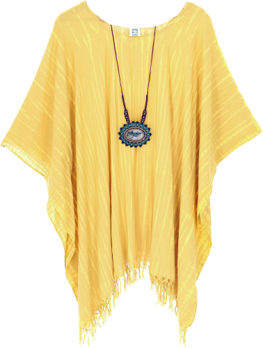 Batik kaftan, Ibiza-style tunic, boho blouse dress with fringes, women`s maxi blouse, beach kaftan - turmeric
