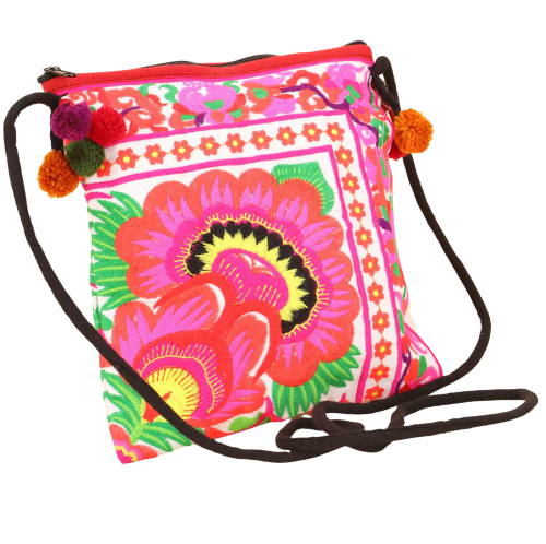 Schultertasche, Hippie Tasche Chiang Mai, bestickter Beutel - wei/pink - 22x20x5 cm 