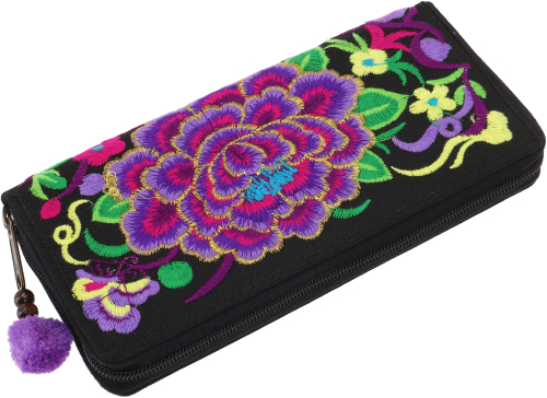 Embroidered ethnic wallet Chiang Mai - black/purple - 10x20x3 cm 