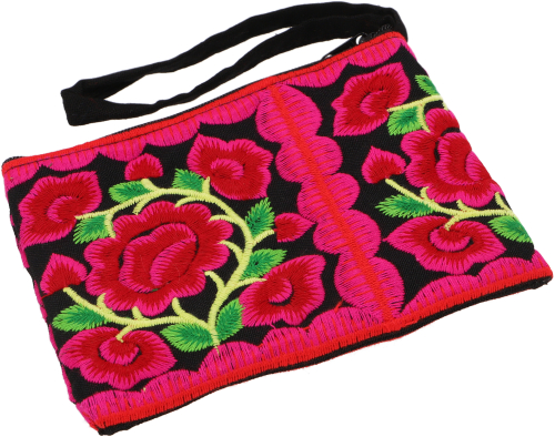 Purse/cosmetic bag with folklore embroidery - black/pink - 11x15x3 cm 