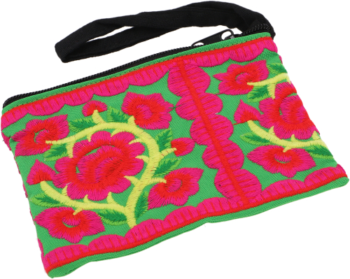Purse/cosmetic bag with folklore embroidery - green/pink - 11x16x3 cm 