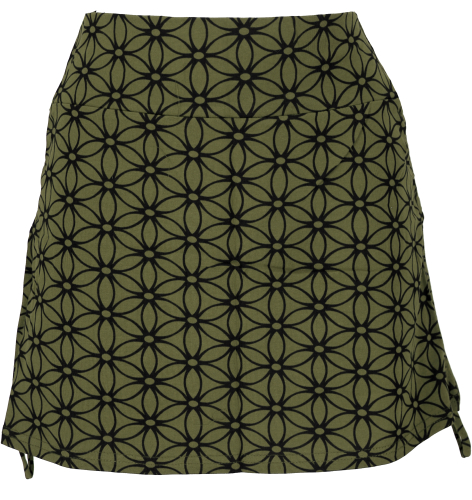 Printed mini skirt, yoga skirt to gather with flower of life print - olive green