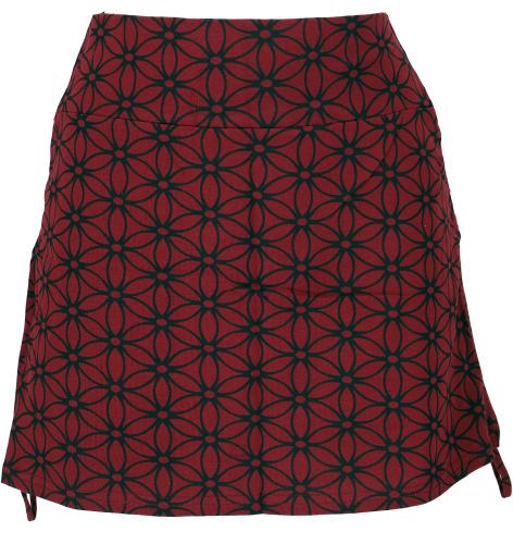 Printed mini skirt, yoga skirt to gather with flower of life print - wine red