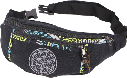 Large embroidered fabric belt bag, crossbody bag, hip bag, shoulder bag - black - 15x35x5 cm 