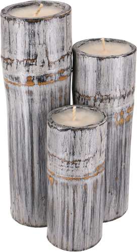 Kerzenset, 3 Kerzen in Bambus - graublau - 25x12x12 cm  12 cm